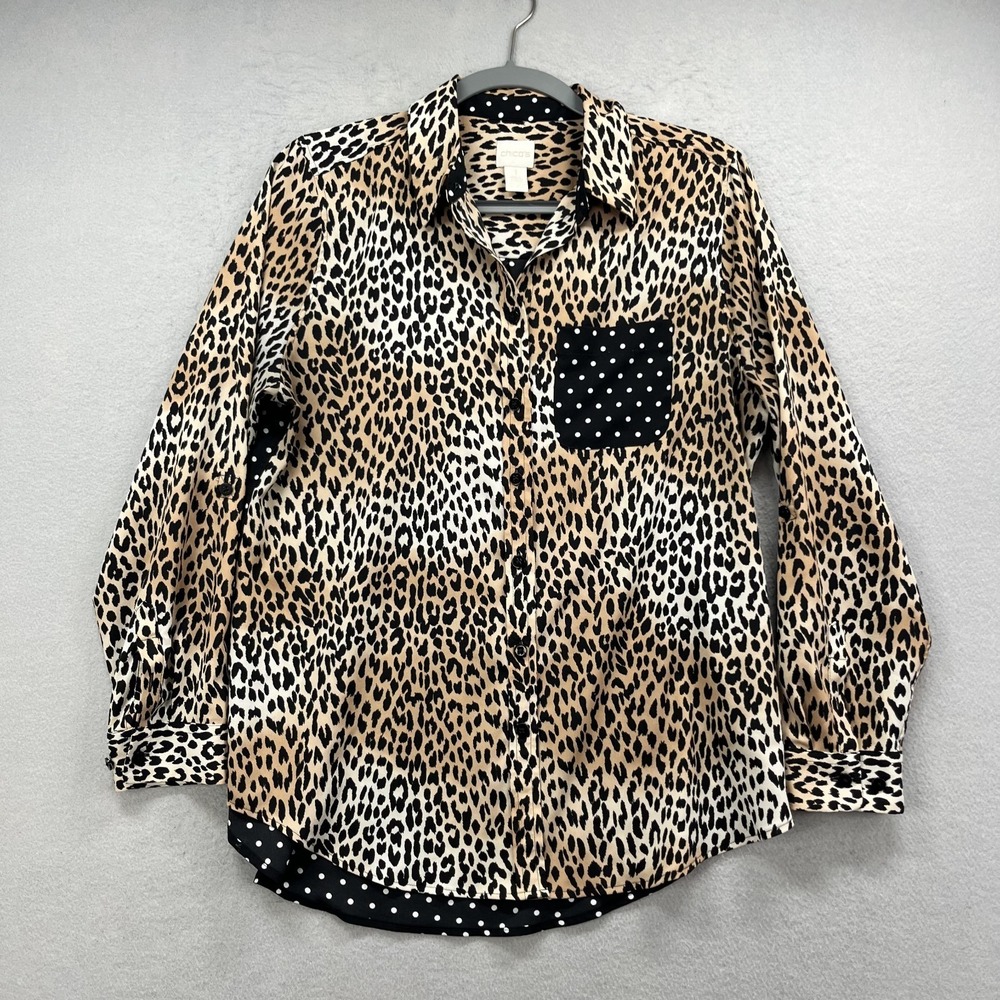 Chico's Button Up Shirt‎ Womens 1 M Brown Black Leopard Polka Dot Color Block